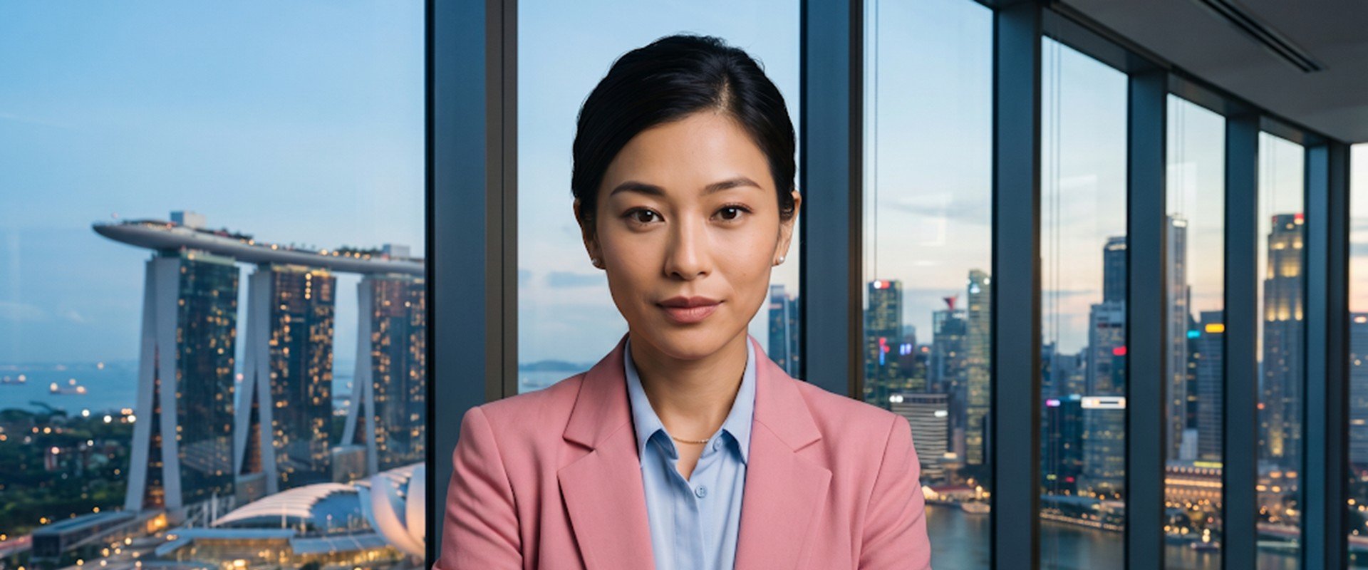 An executive before the Singapore skyline with Marina Bay Sands, introducing the five blocks of the programme