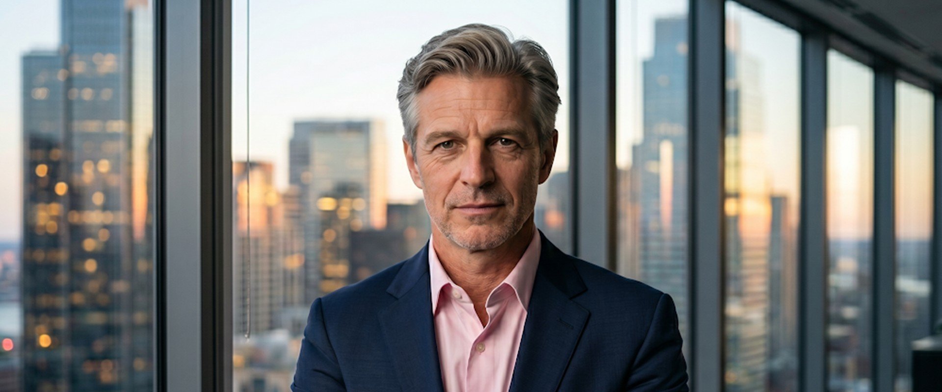 An executive at a high-rise window at dusk, above the six intelligences of the Leadership Intelligence Stack